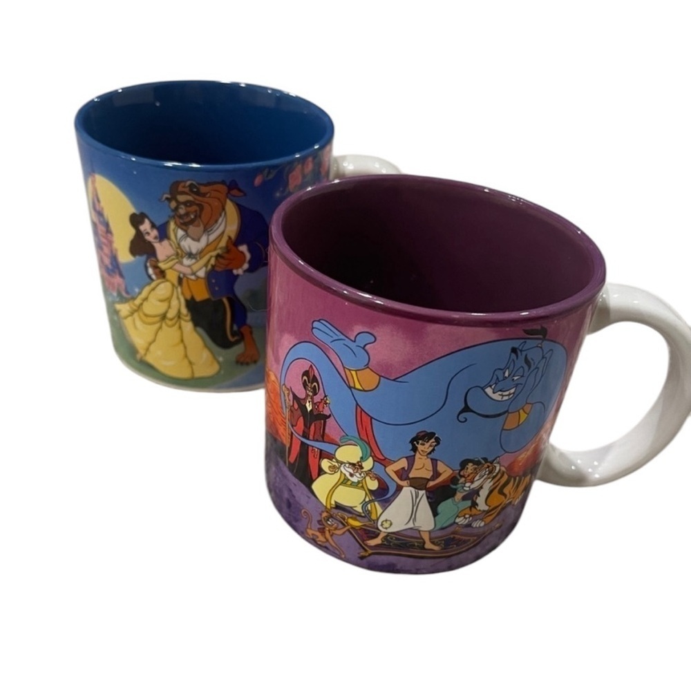 Two Disney Beauty and the Beast & Aladdin Mugs 90s Vintage Nostalgia Princess